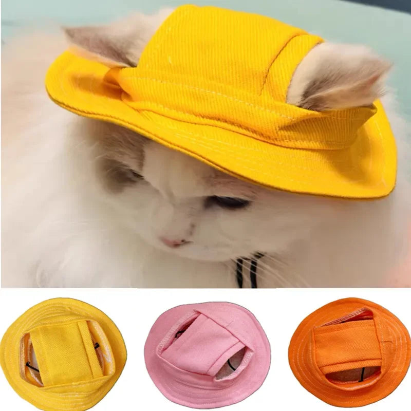 Cute Cat Dog Pets Hat with Ear Hole Dog Beach Visor Hat Sunhat for Cat Accessories Sun Cap Pet Outdoor Hat Supply for Dog Costum