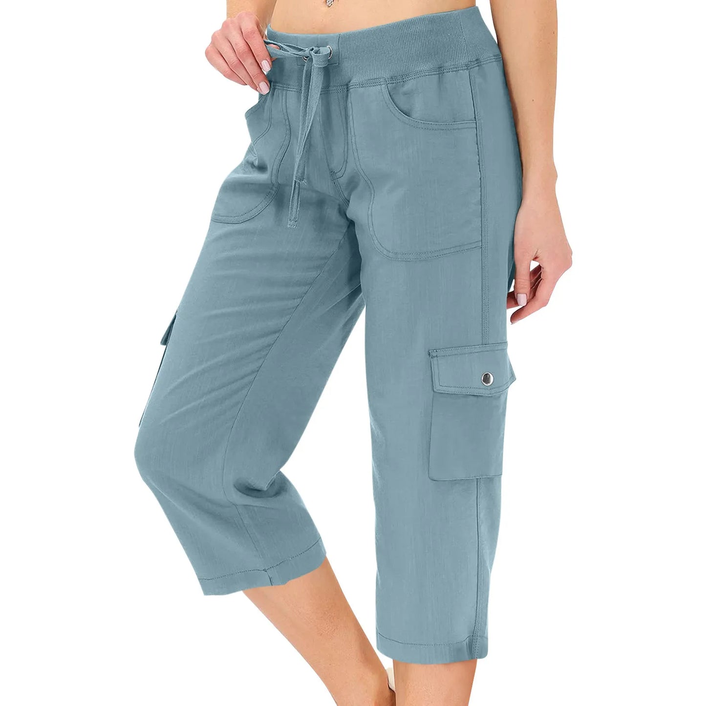 Female Cargo Capris Hiking Pants Drawstring Elastic