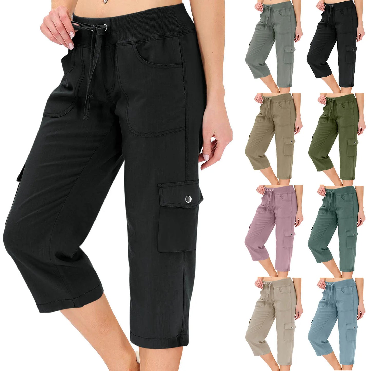 Female Cargo Capris Hiking Pants Drawstring Elastic