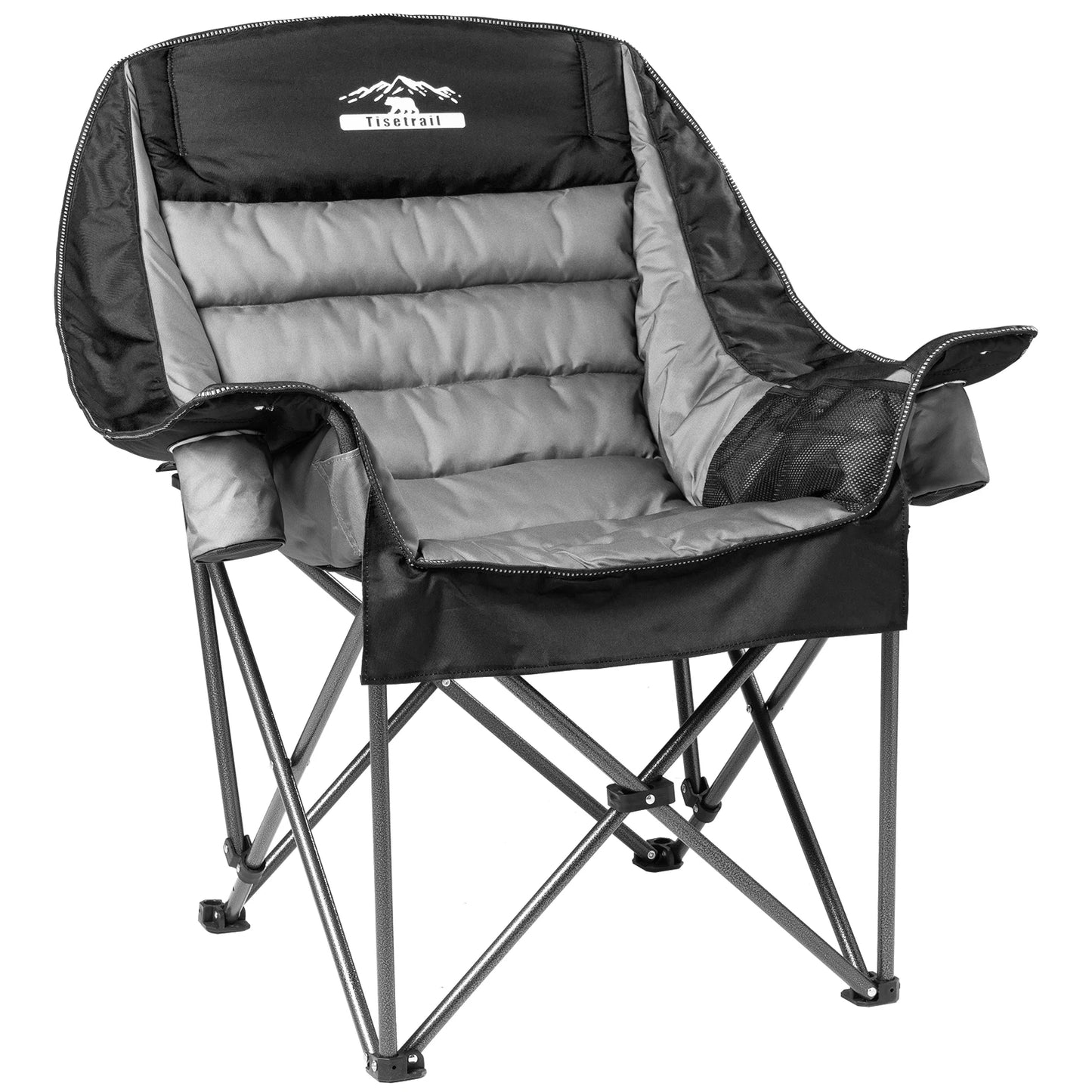 Oversized Padded Camping Chair Extra Large Camp Chairs For Adults With Side Pocket And Cup Holder Black & Gray