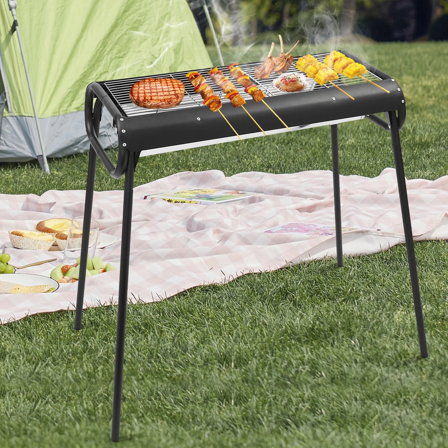 Portable Outdoor Charcoal Barbecue Grill, Stainless Grates