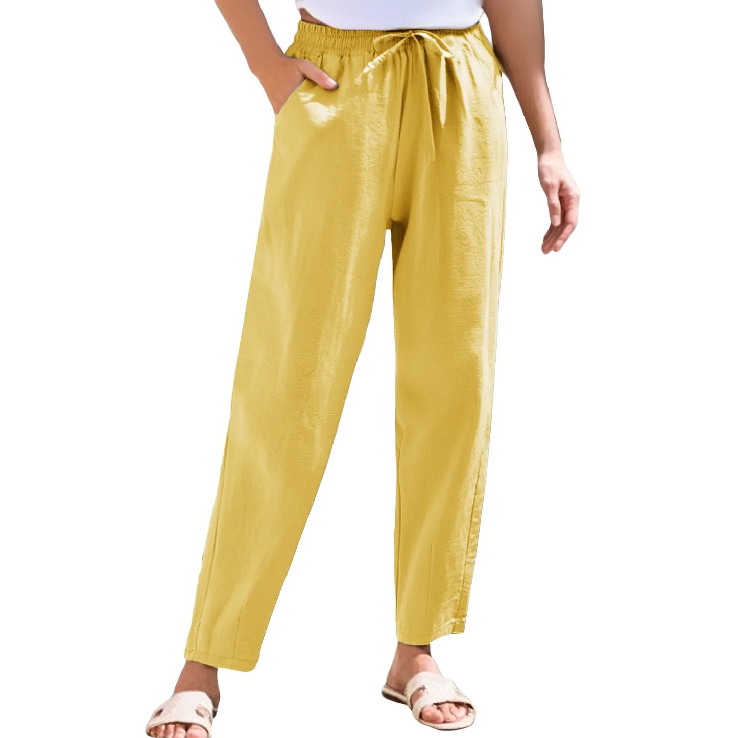 Women Cropped Pants Elastic Waist Straight Pants