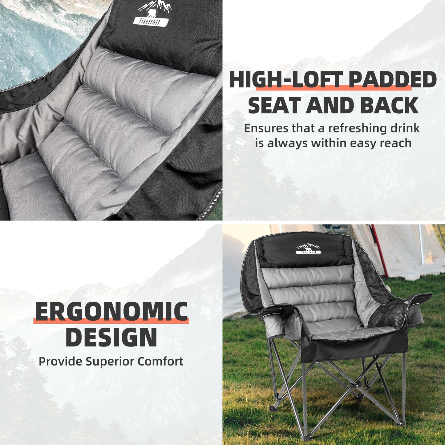 Oversized Padded Camping Chair Extra Large Camp Chairs For Adults With Side Pocket And Cup Holder Black & Gray
