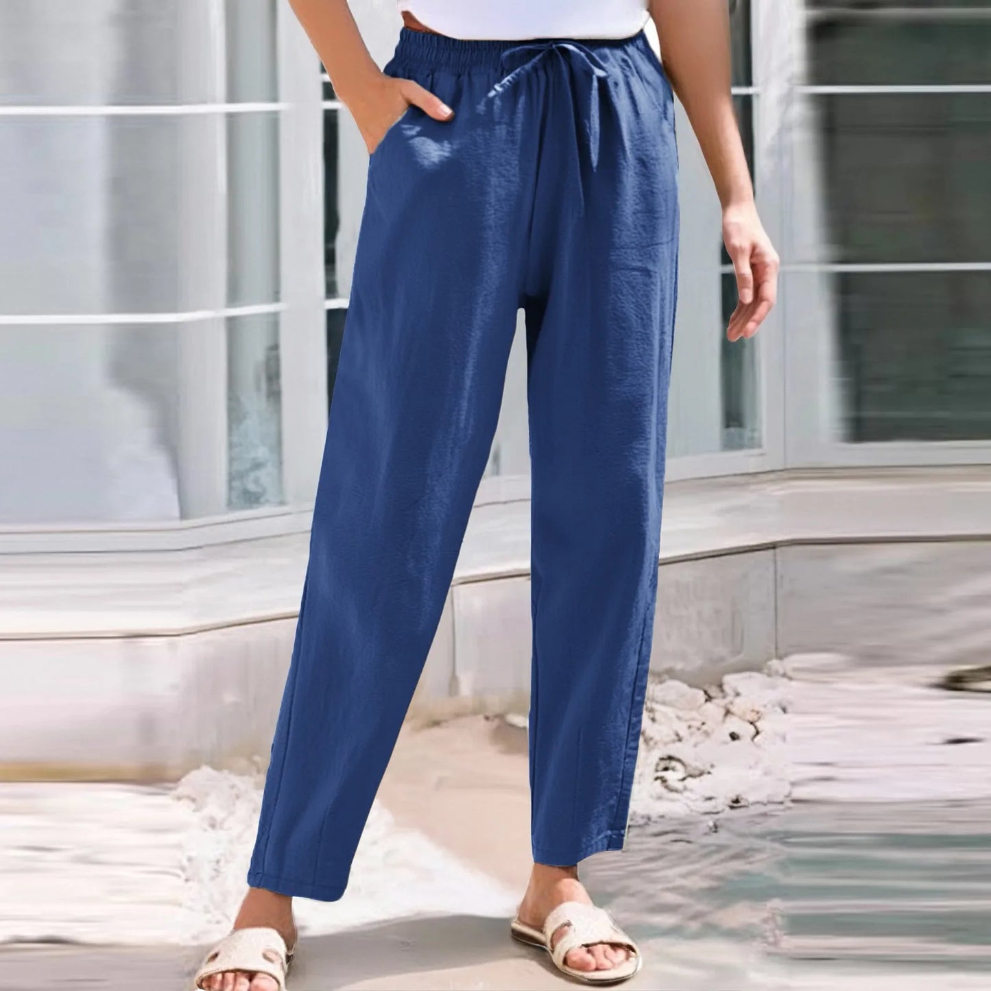 Women Cropped Pants Elastic Waist Straight Pants