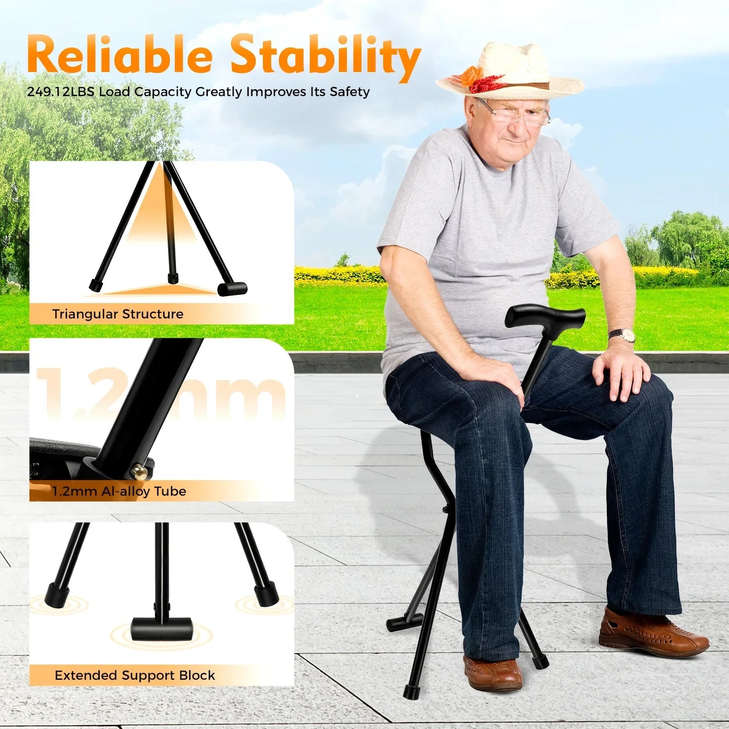 Folding Seat Walking Cane 249 lbs. load