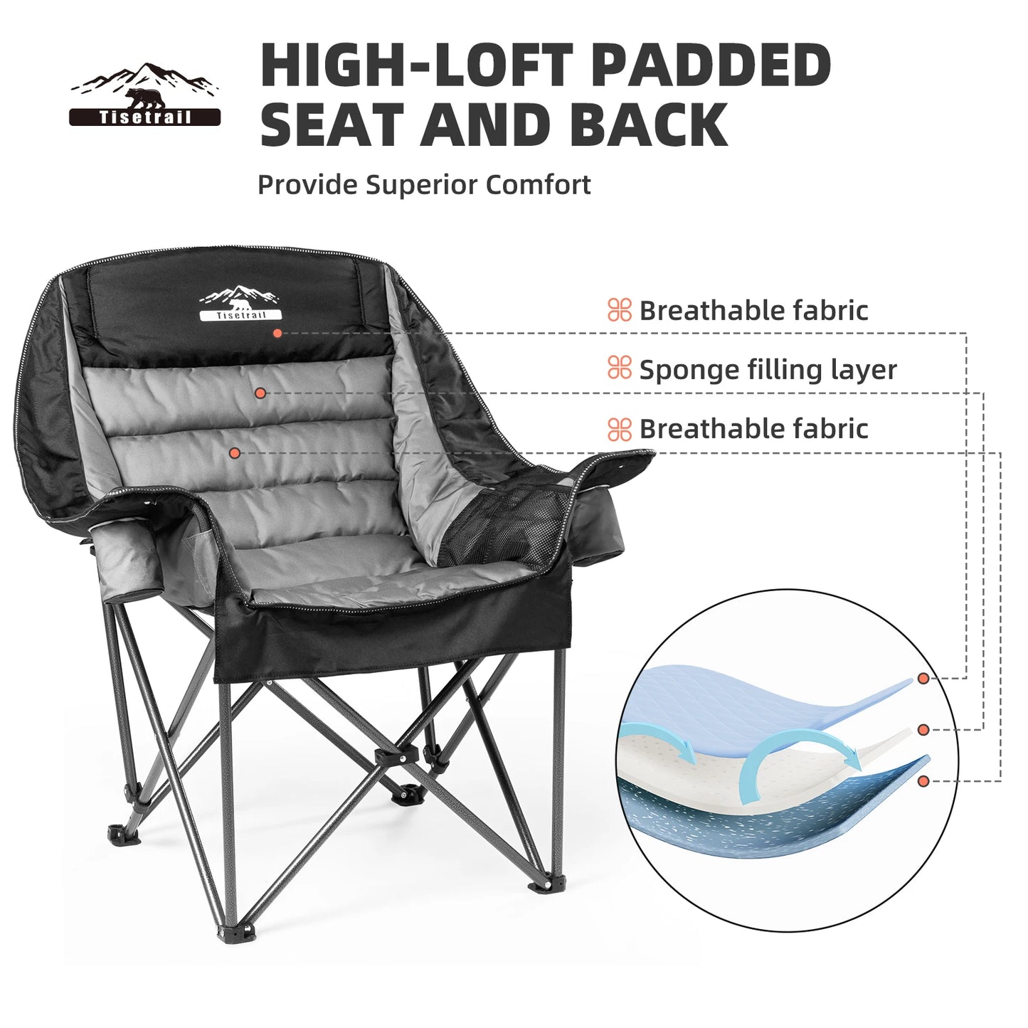 Oversized Padded Camping Chair Extra Large Camp Chairs For Adults With Side Pocket And Cup Holder Black & Gray