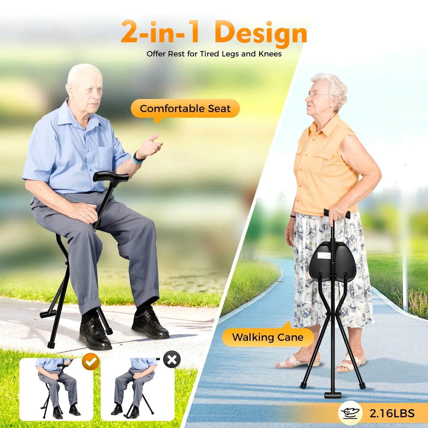 Folding Seat Walking Cane 249 lbs. load