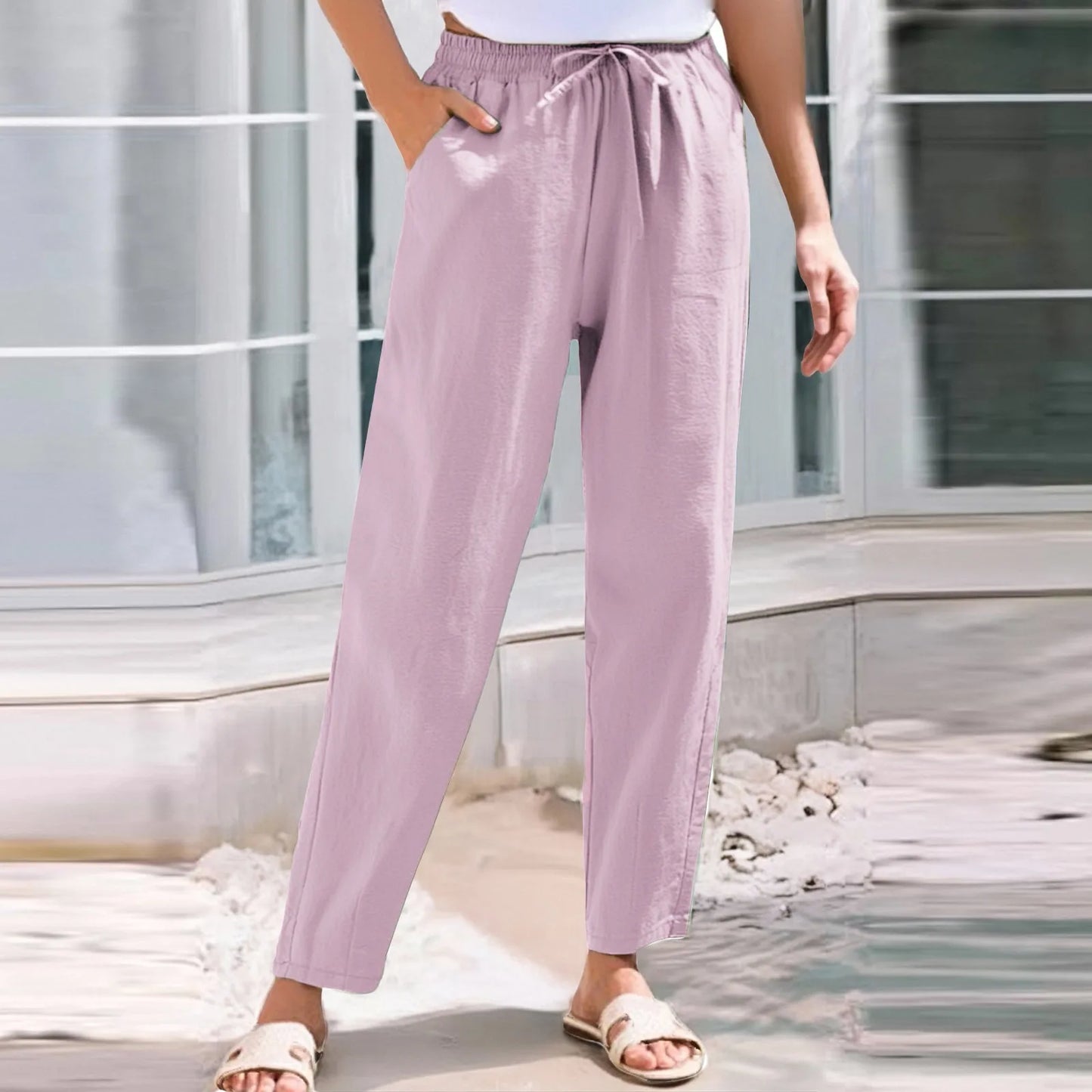 Women Cropped Pants Elastic Waist Straight Pants