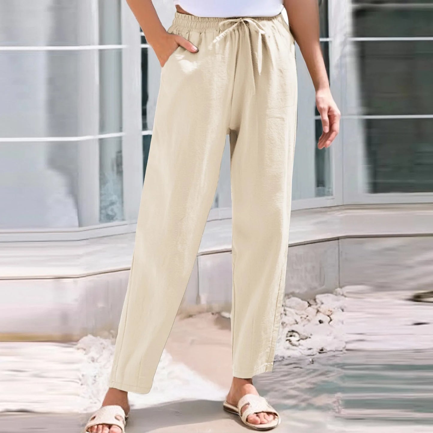 Women Cropped Pants Elastic Waist Straight Pants