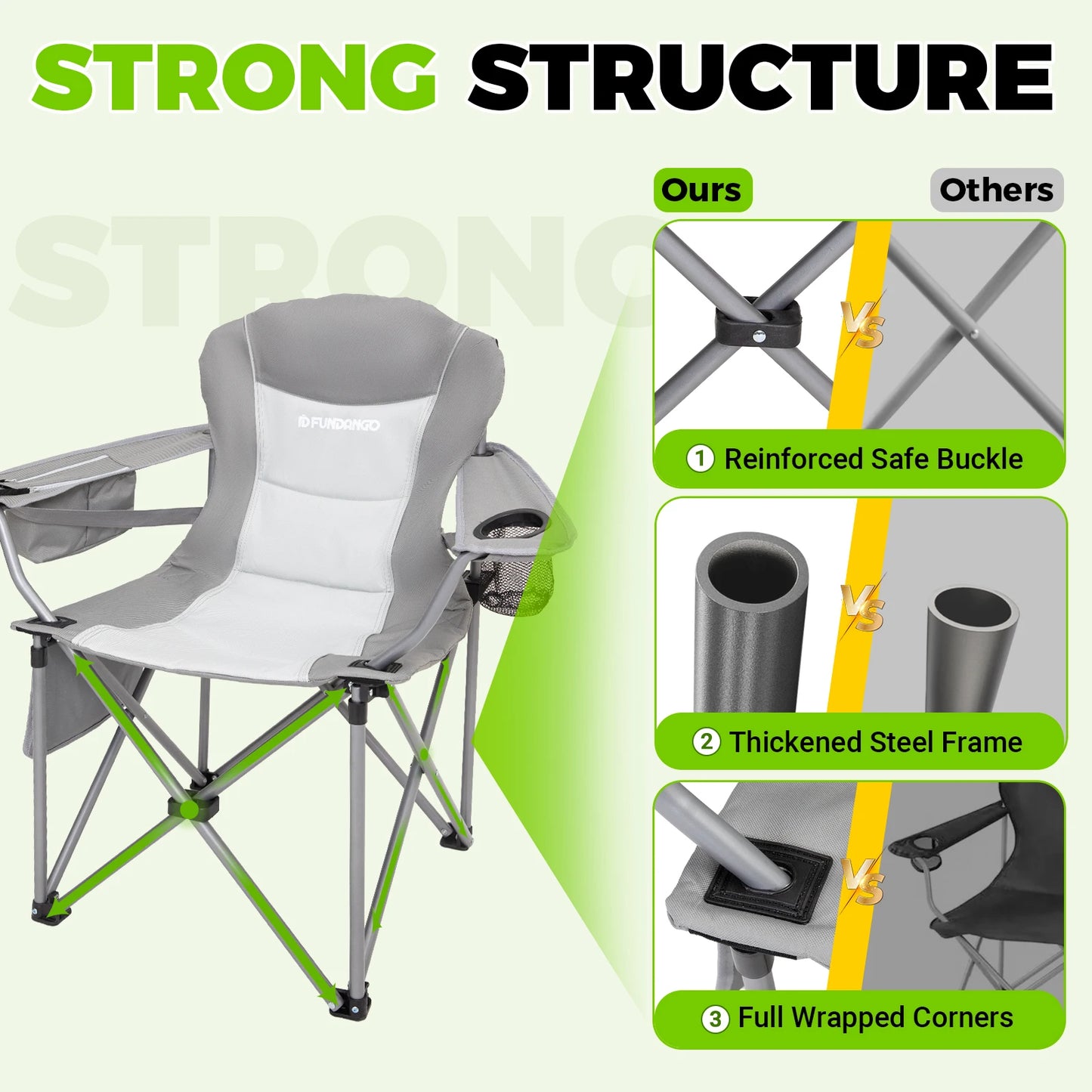 FUNDANGO Camping chair armchair, hiking lawn picnic outdoor trip, with lumbar support, high back, portable, with cup holder