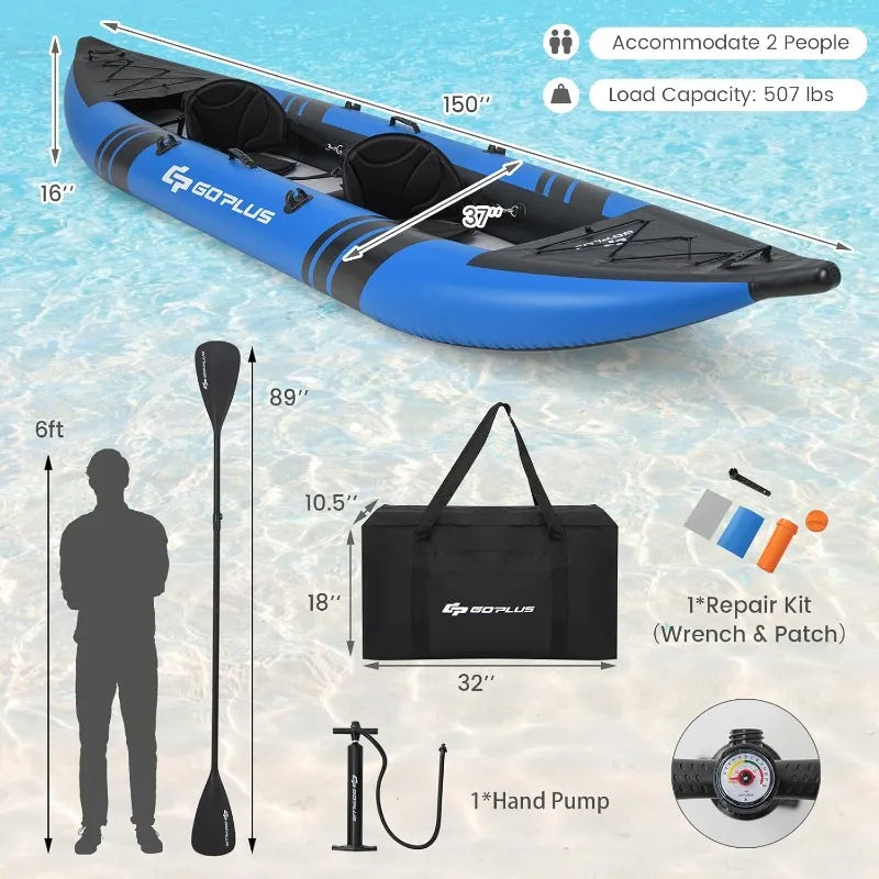 Inflatable 2-Person Kayak, Oars, Seats, Hand Pump