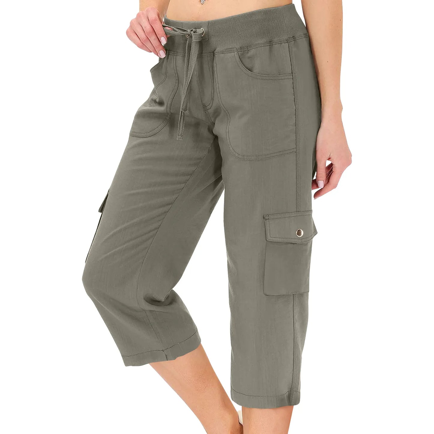 Female Cargo Capris Hiking Pants Drawstring Elastic