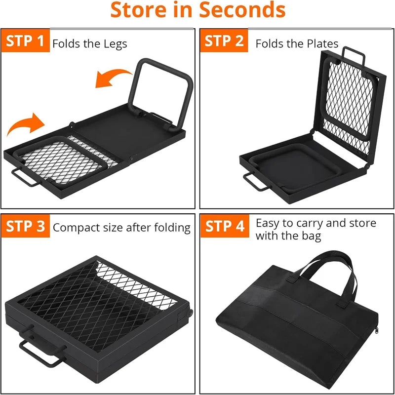 Folding Campfire Grill, Heavy Duty Steel Grate