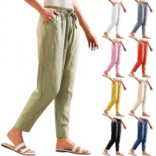 Women Cropped Pants Elastic Waist Straight Pants