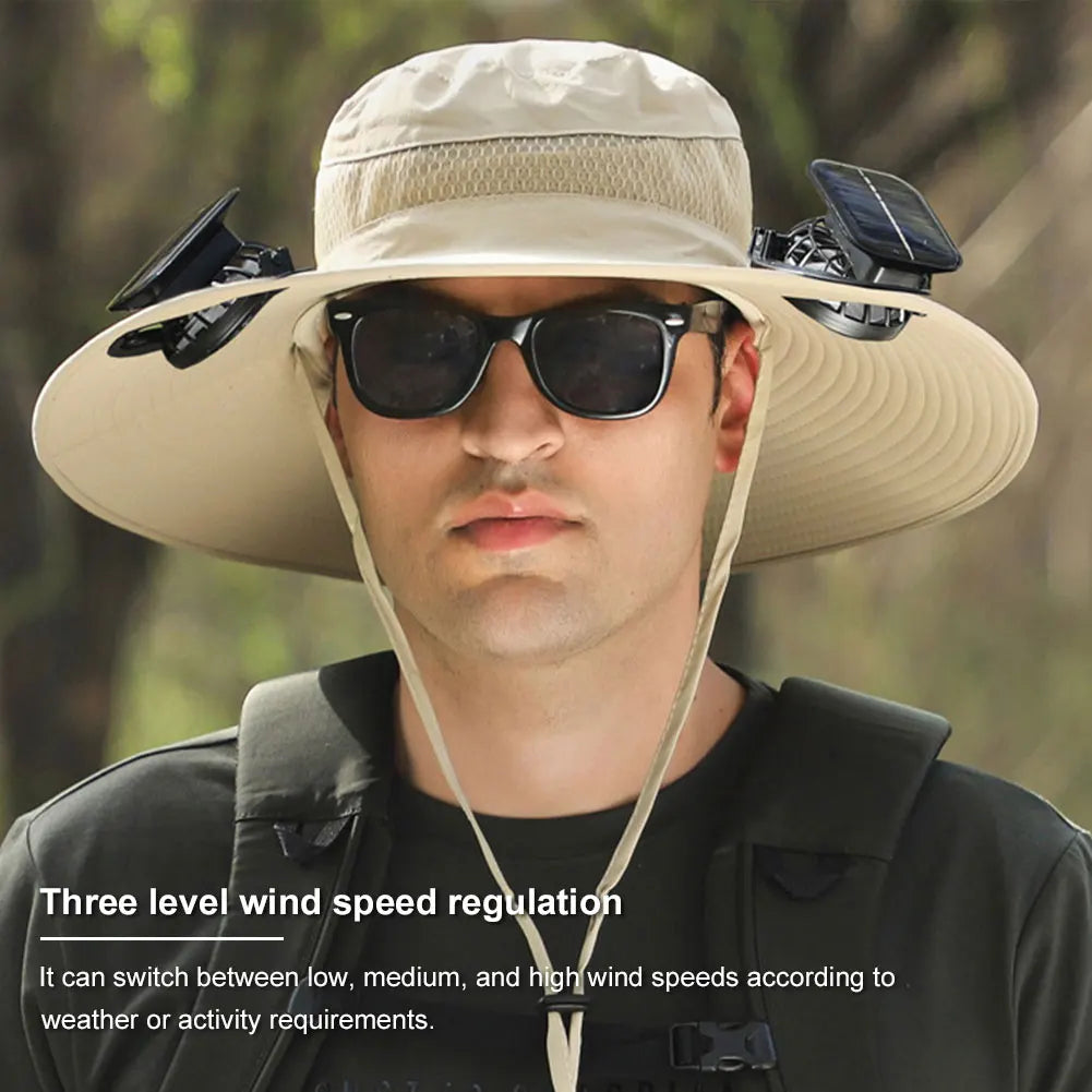 2 Solar Fan Wide Brim Bucket Hat