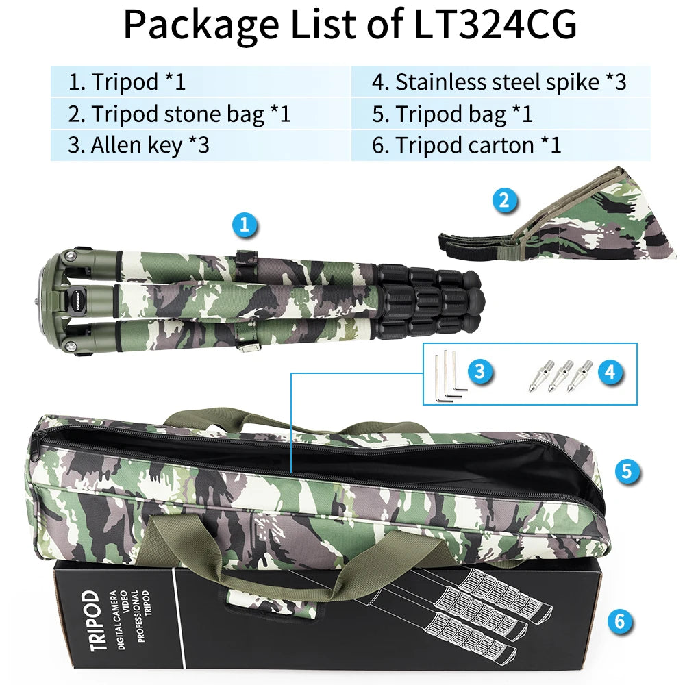 Camouflage Carbon Fiber Tripod, Birdwatching Heavy Duty