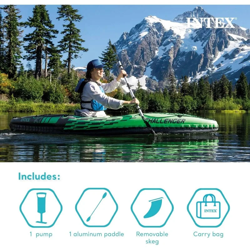 One Peron Challenger Inflatable Kayak, Paddles, Pump