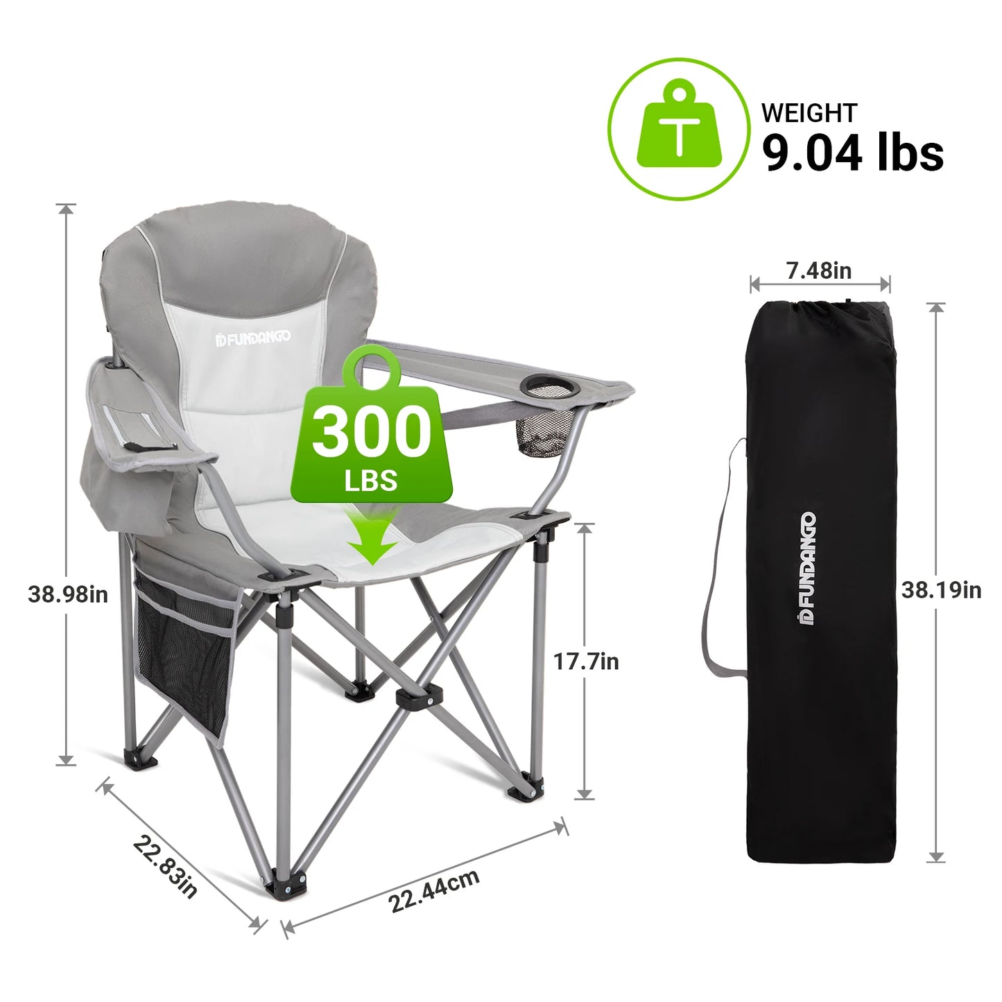 FUNDANGO Camping chair armchair, hiking lawn picnic outdoor trip, with lumbar support, high back, portable, with cup holder