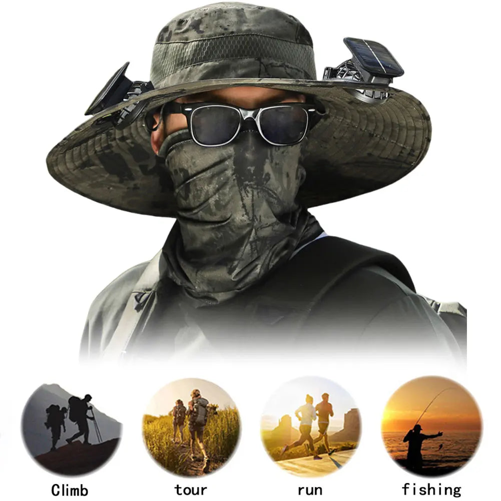 2 Solar Fan Wide Brim Bucket Hat