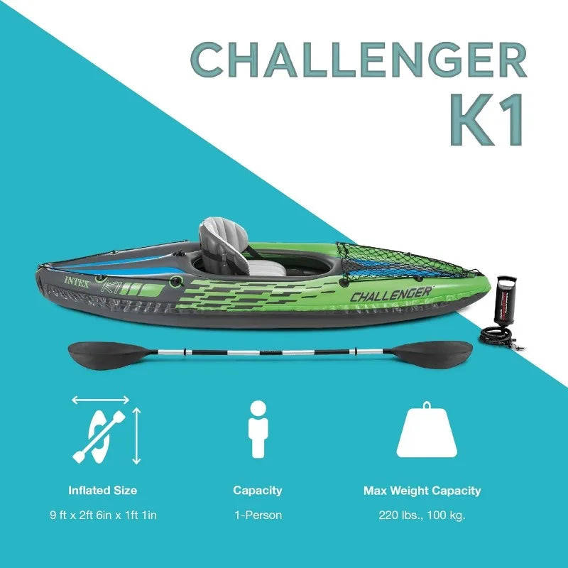 One Peron Challenger Inflatable Kayak, Paddles, Pump