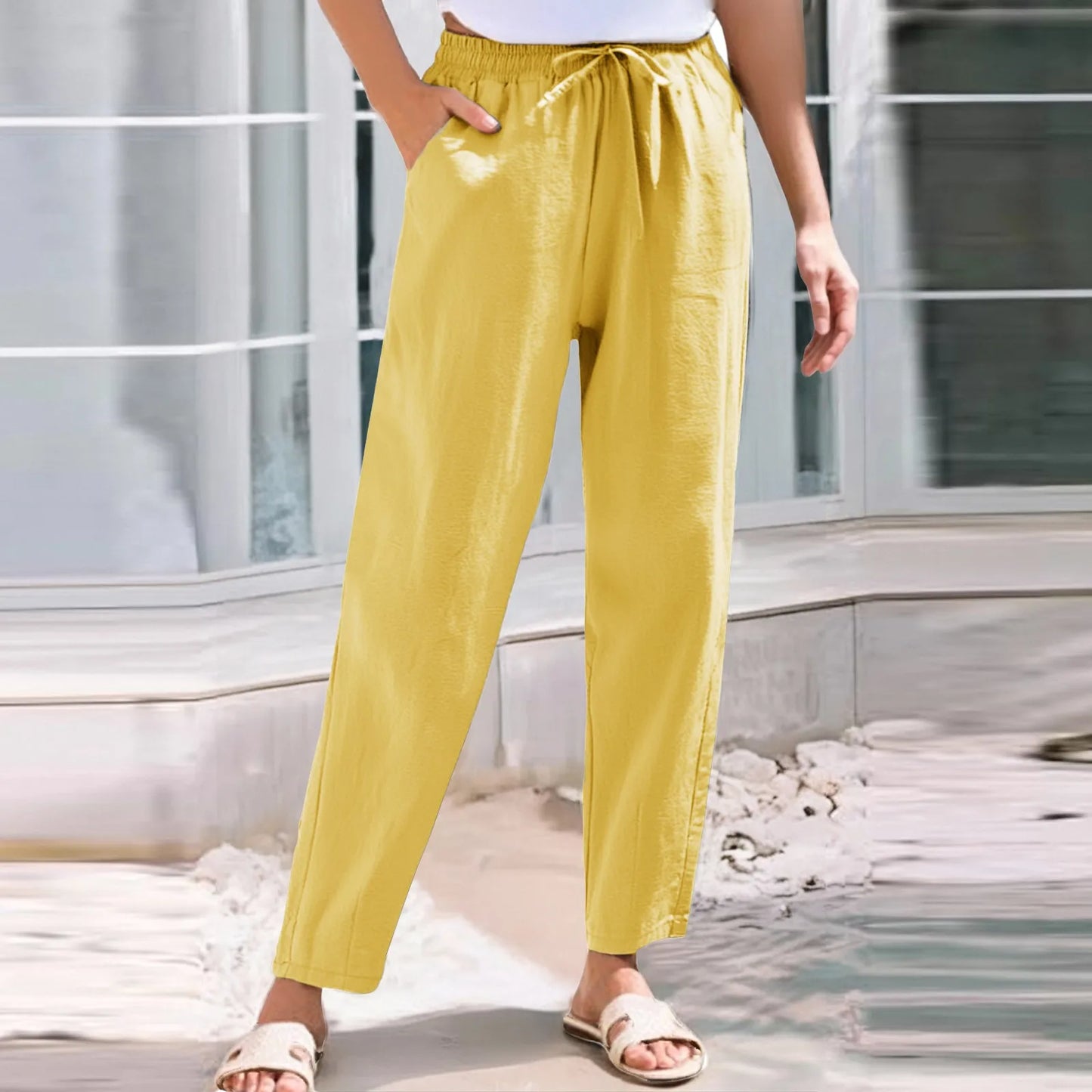 Women Cropped Pants Elastic Waist Straight Pants