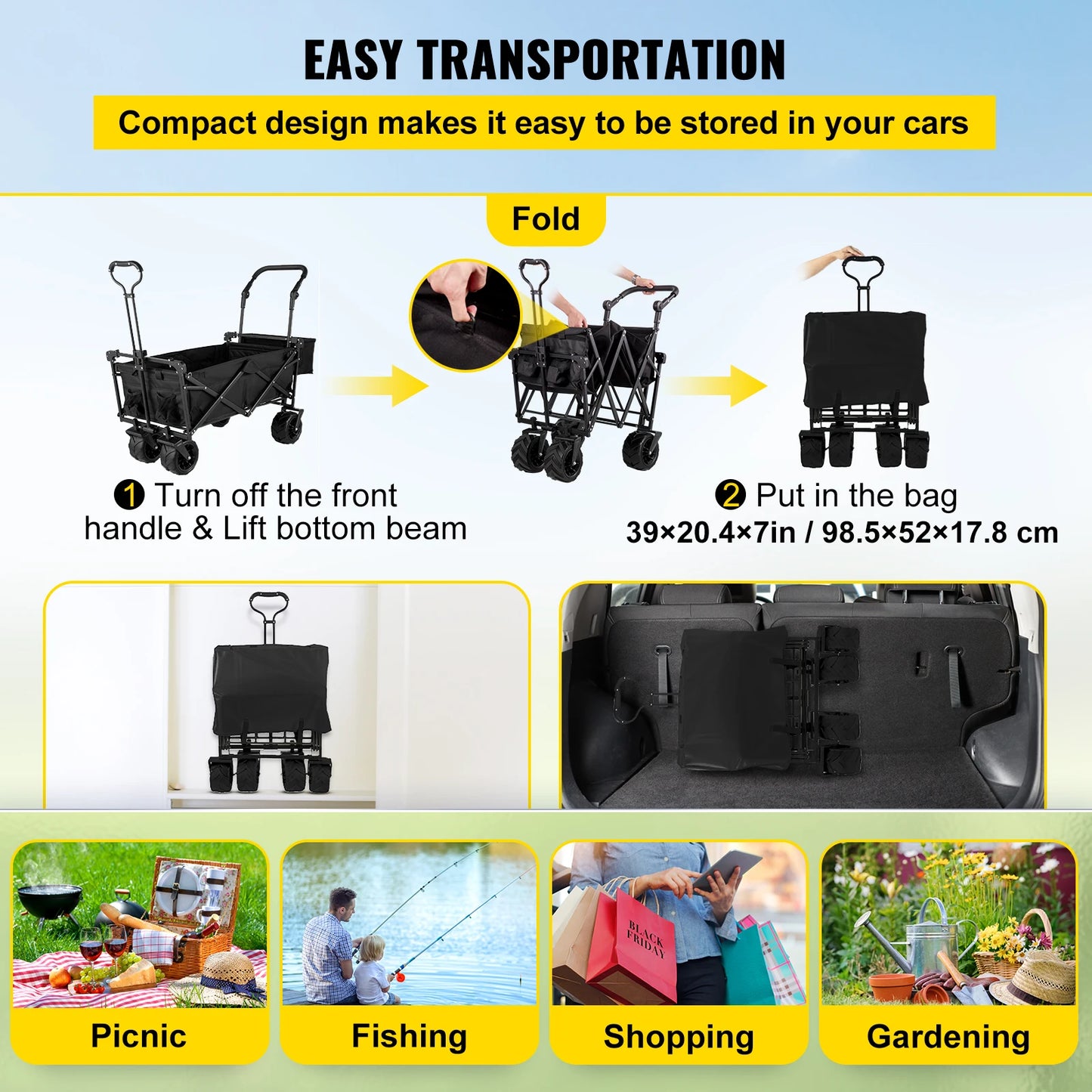 Folding Wagon Adjustable Handle Bar Removable Canopy