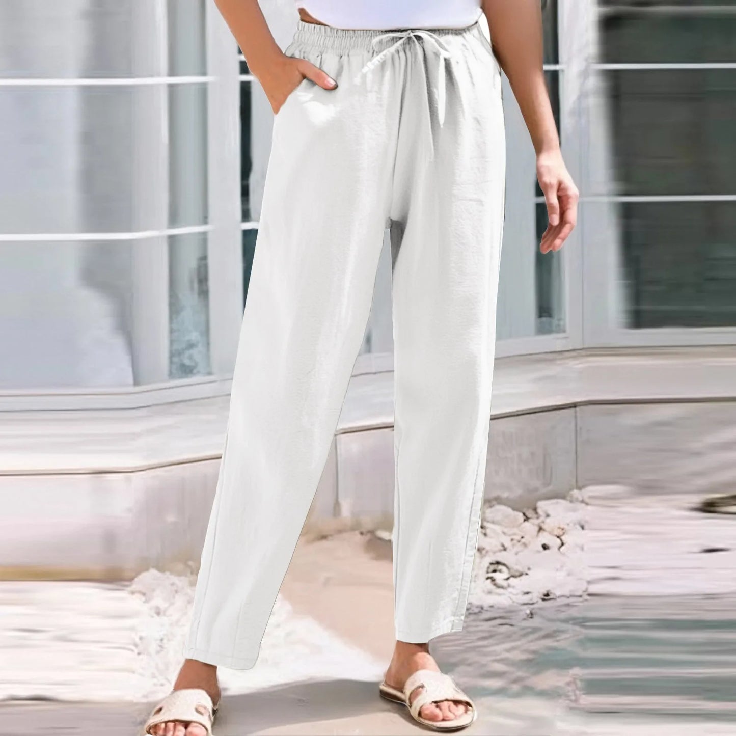 Women Cropped Pants Elastic Waist Straight Pants