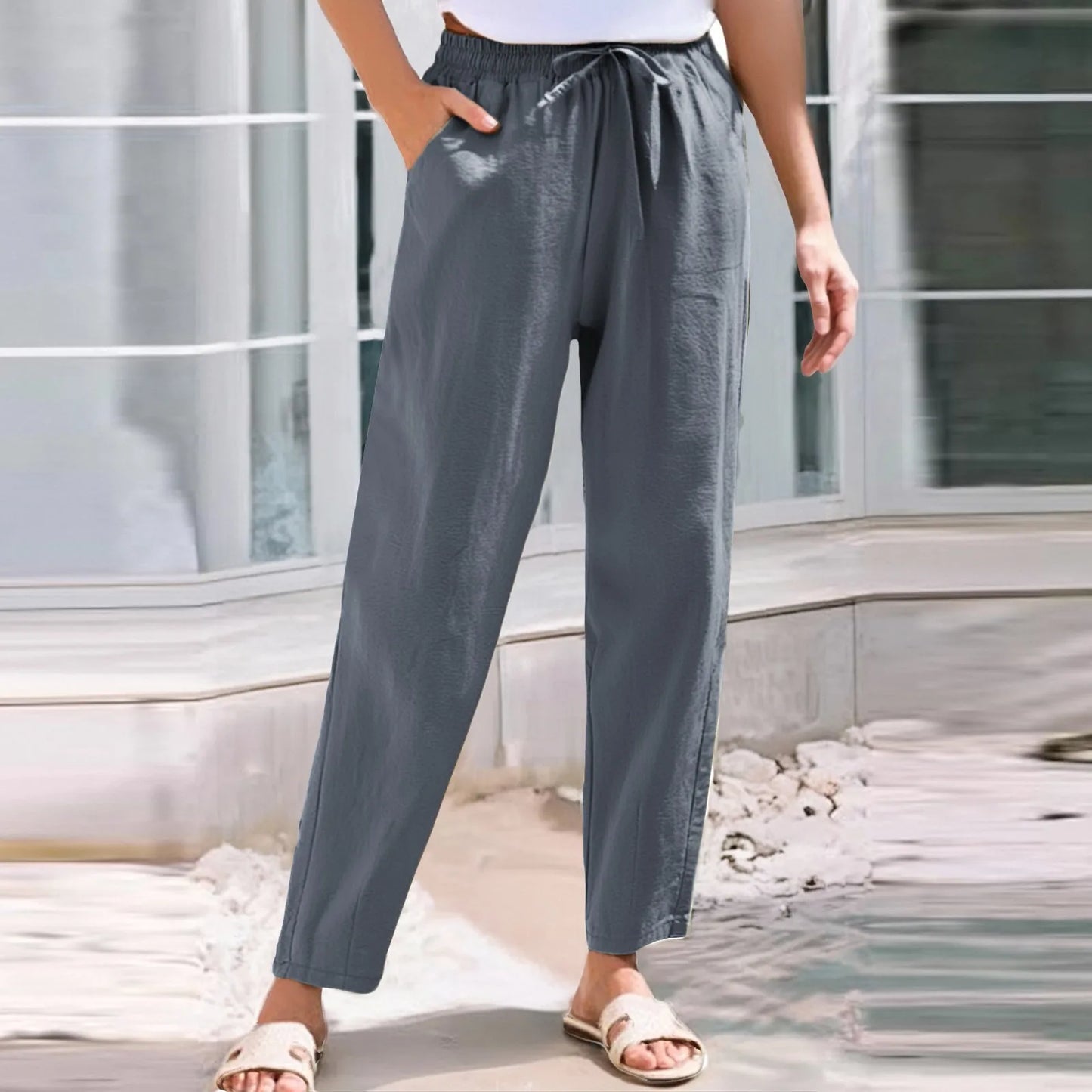 Women Cropped Pants Elastic Waist Straight Pants