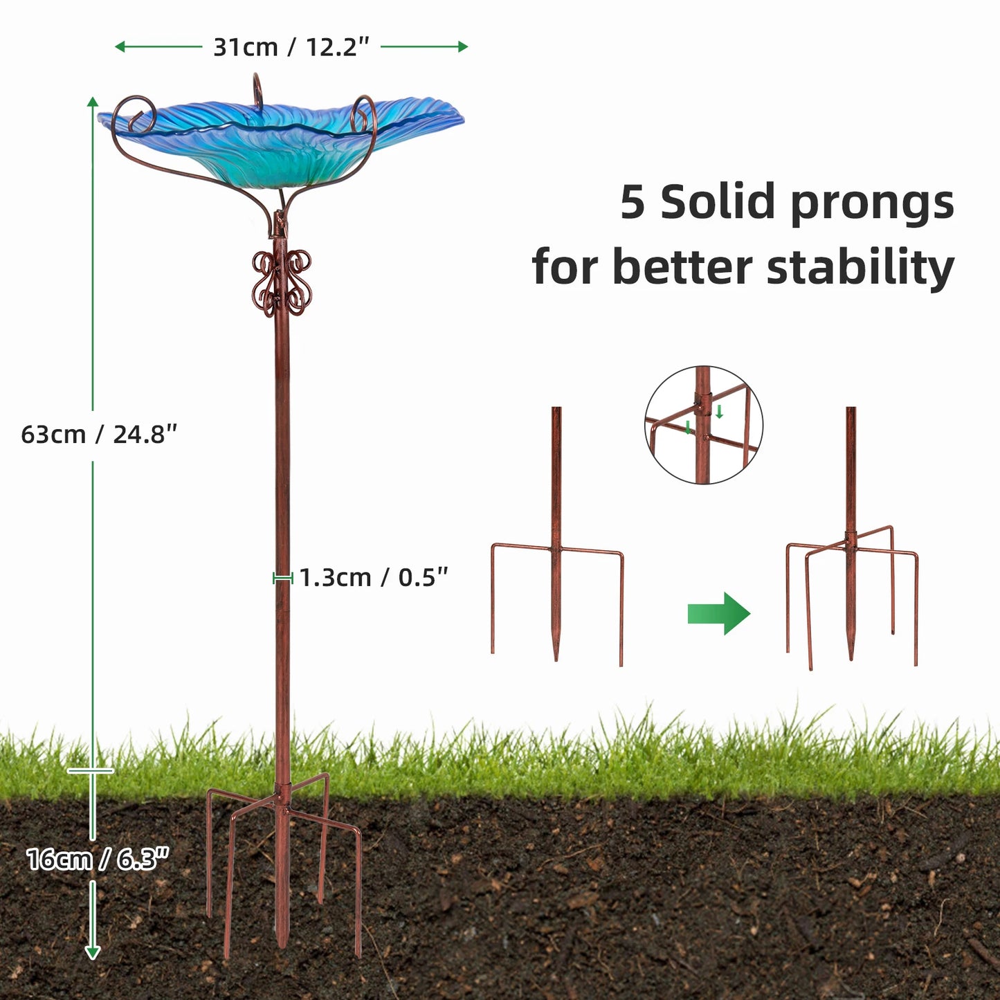Glass Bird Bath, 4-Prong Stake