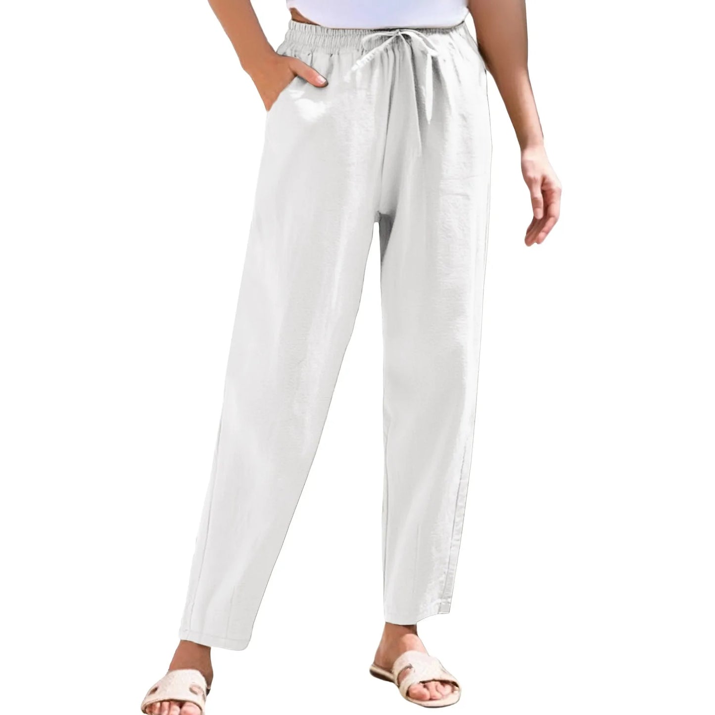 Women Cropped Pants Elastic Waist Straight Pants