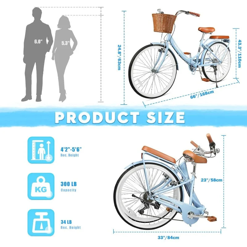 26 Inch Folding Beach Cruiser Bike for Women, 7-Speed Ladies Bike with Basket & Rack, Perfect for City Commuting's Bicycle
