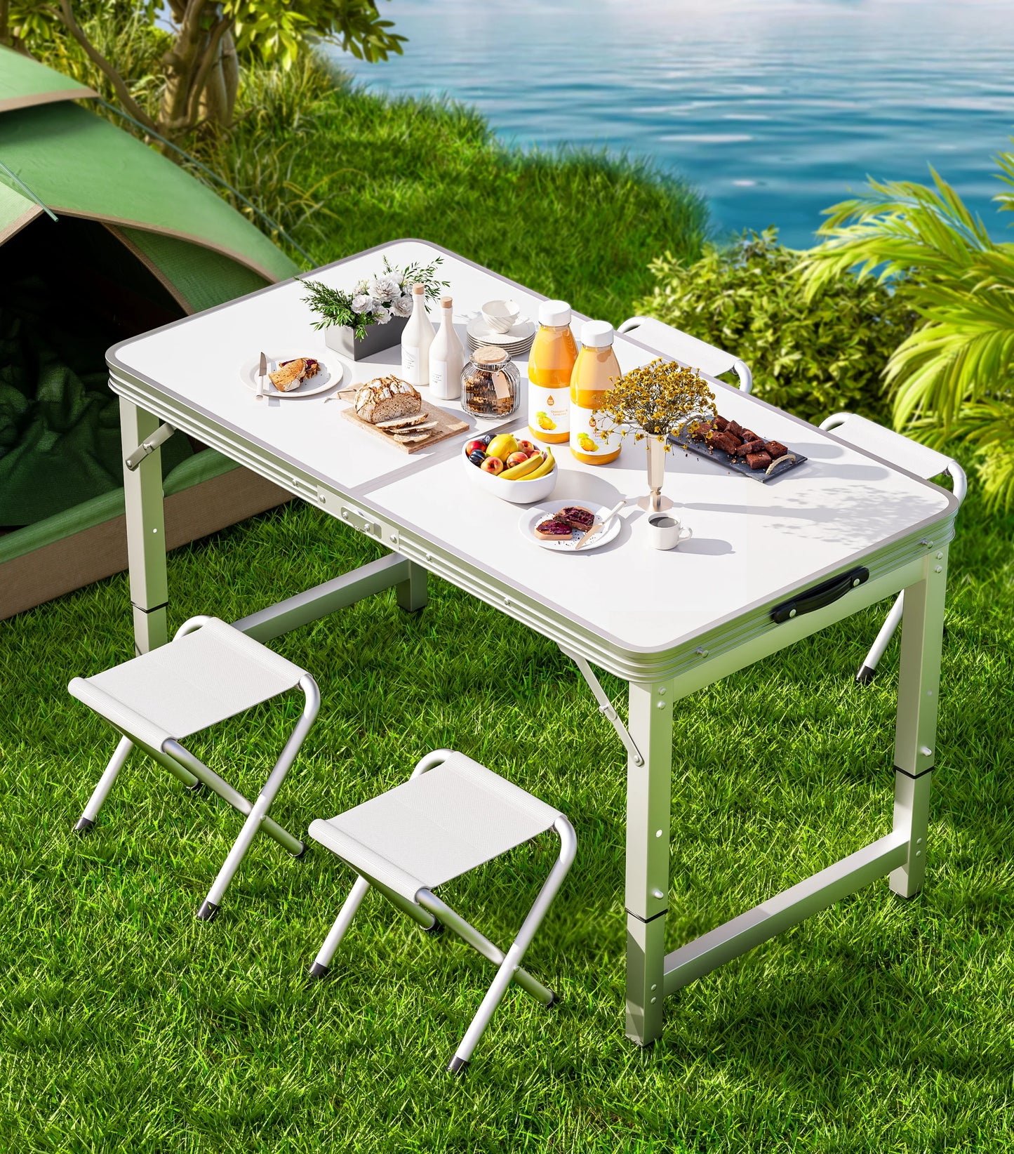 Outdoor, portable folding table with handle