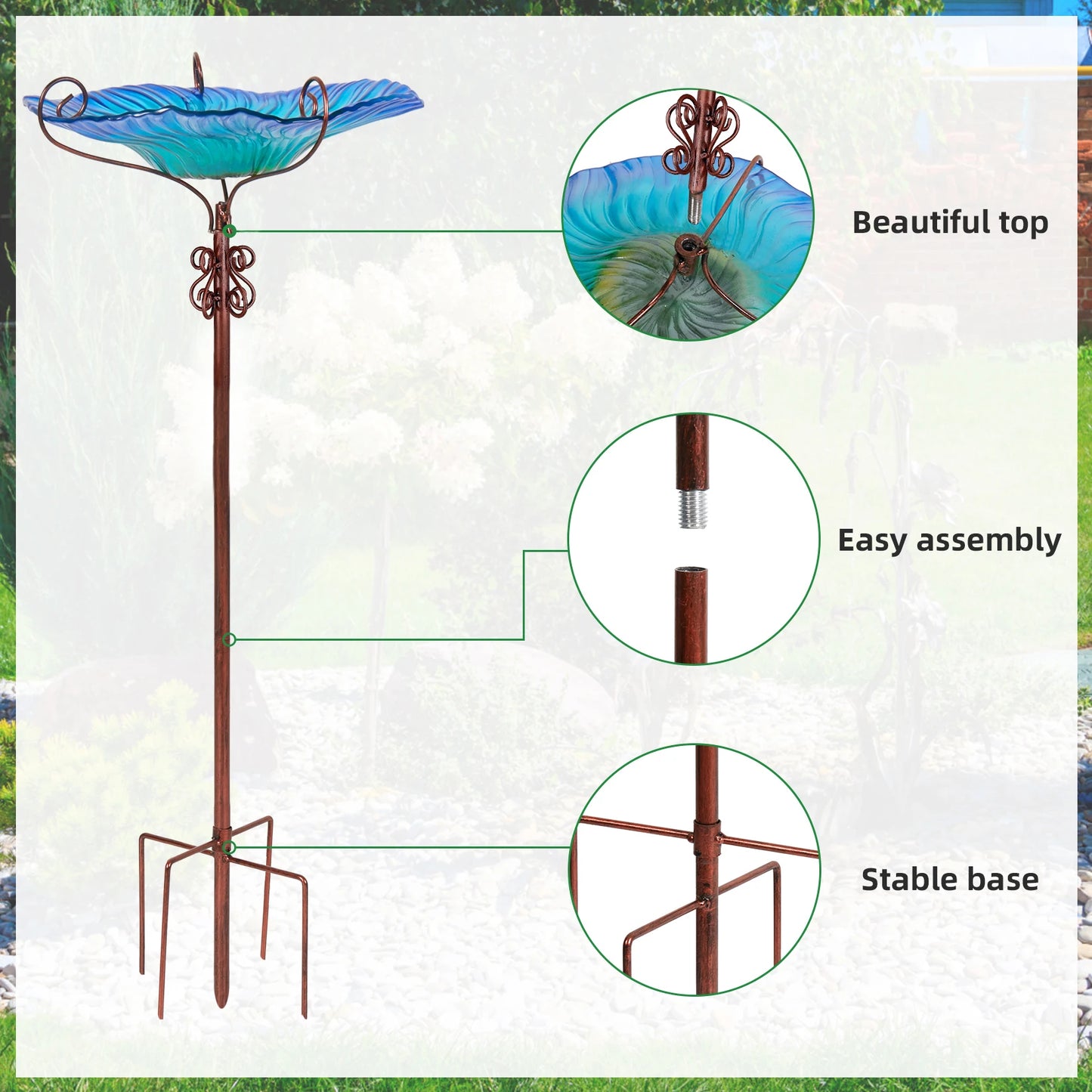 Glass Bird Bath, 4-Prong Stake