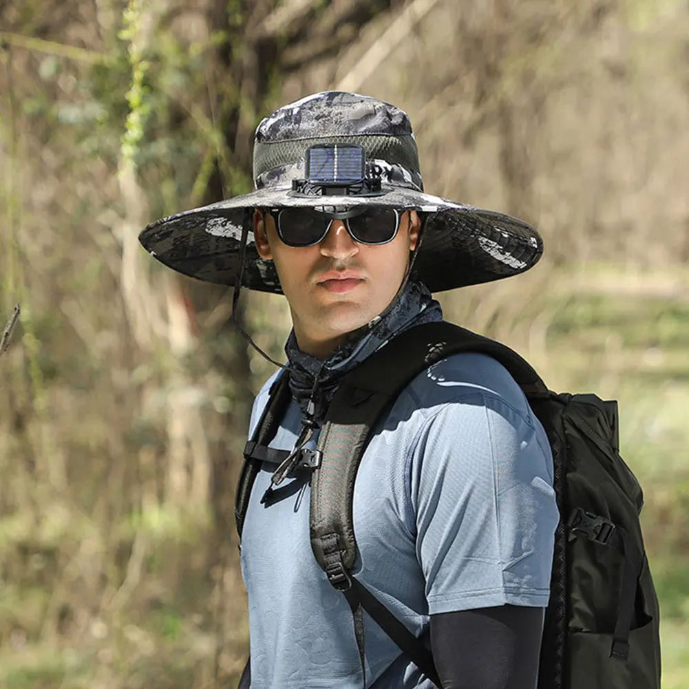 2 Solar Fan Wide Brim Bucket Hat