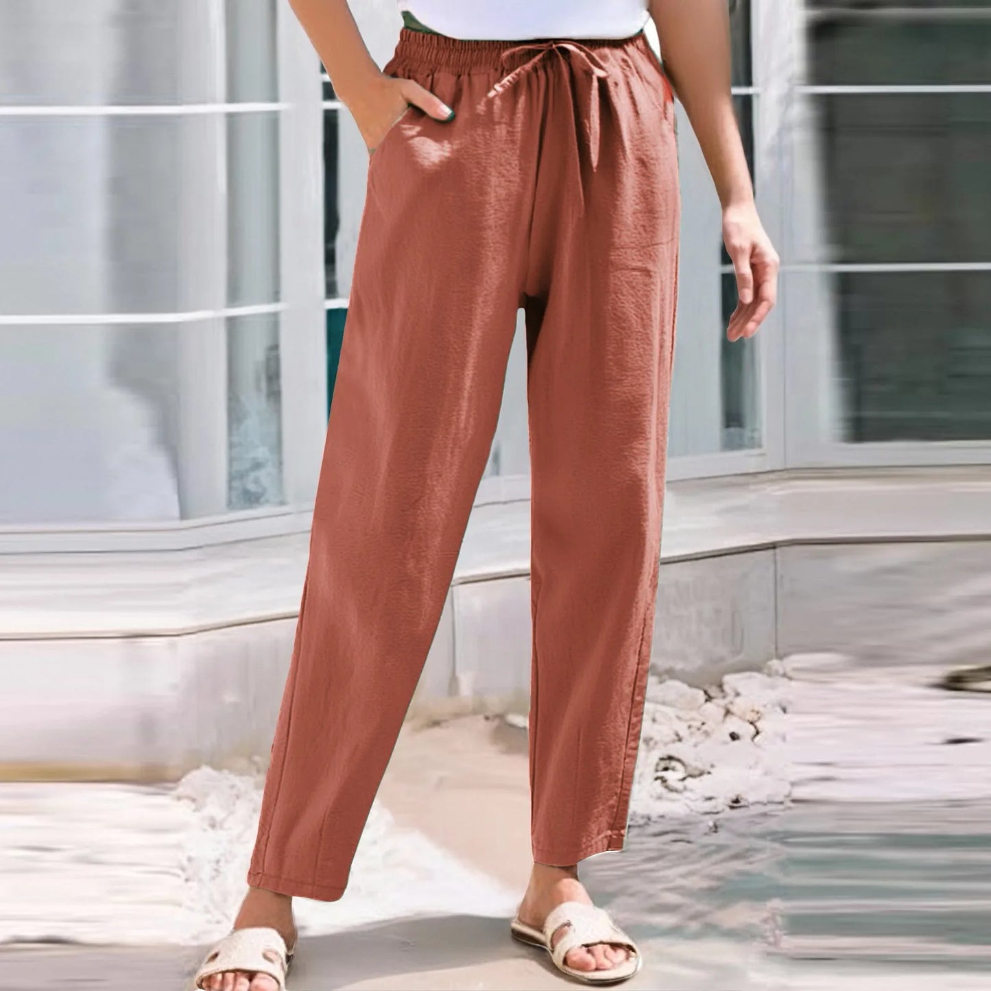 Women Cropped Pants Elastic Waist Straight Pants