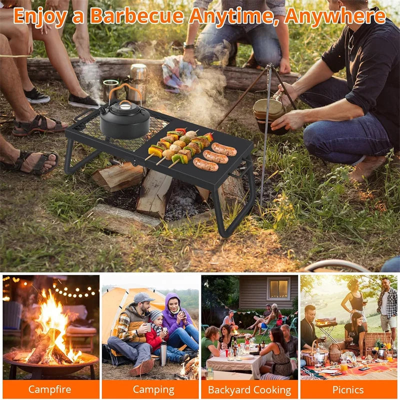 Folding Campfire Grill, Heavy Duty Steel Grate