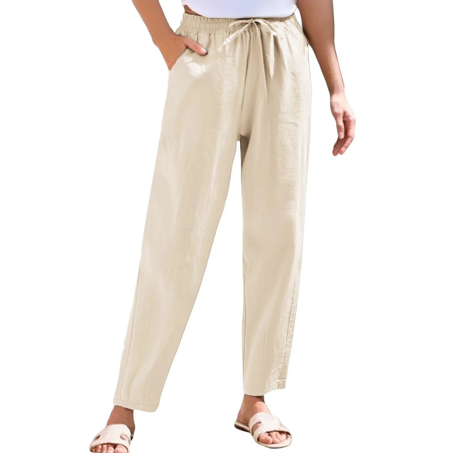 Women Cropped Pants Elastic Waist Straight Pants