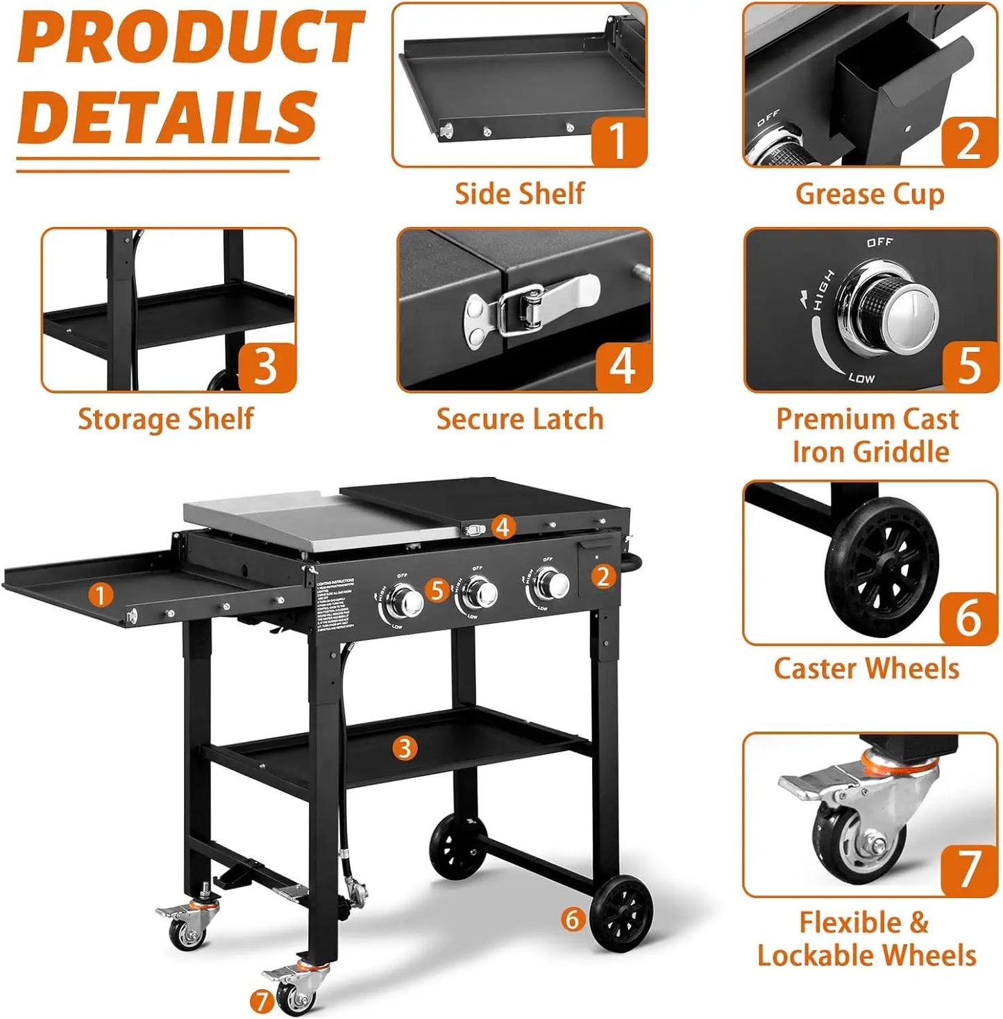 3 Burner Portable Propane Griddle, Folding Legs