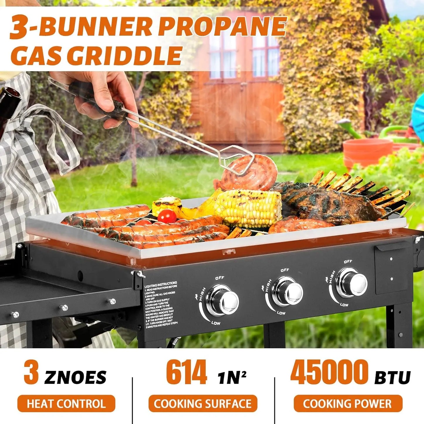 3 Burner Portable Propane Griddle, Folding Legs