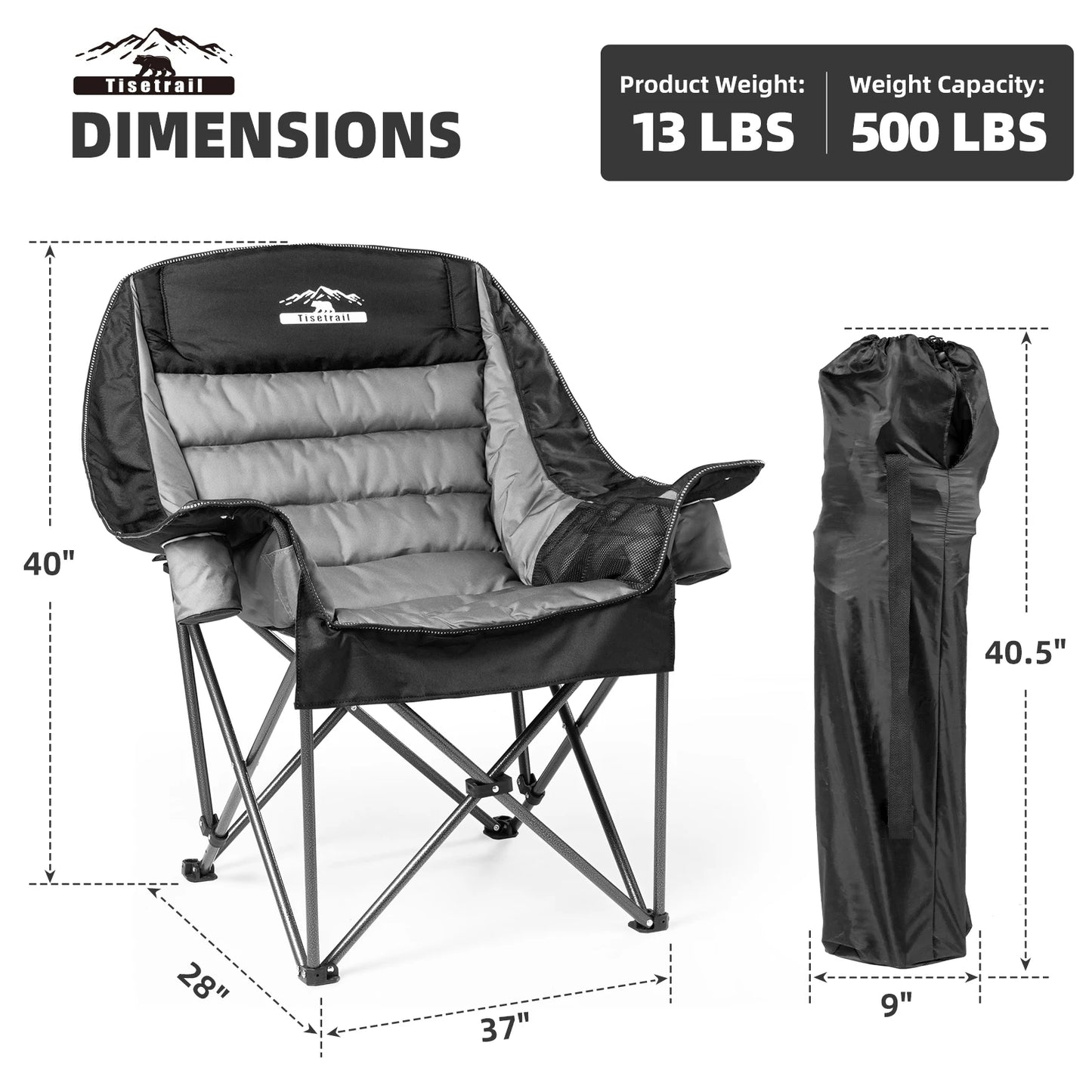 Oversized Padded Camping Chair Extra Large Camp Chairs For Adults With Side Pocket And Cup Holder Black & Gray