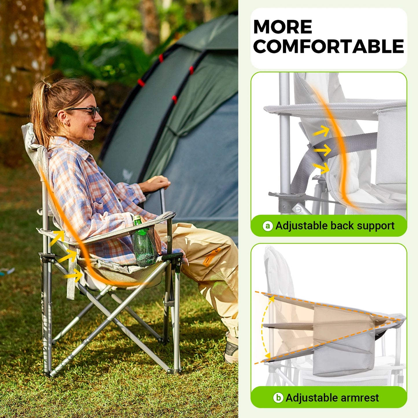 FUNDANGO Camping chair armchair, hiking lawn picnic outdoor trip, with lumbar support, high back, portable, with cup holder