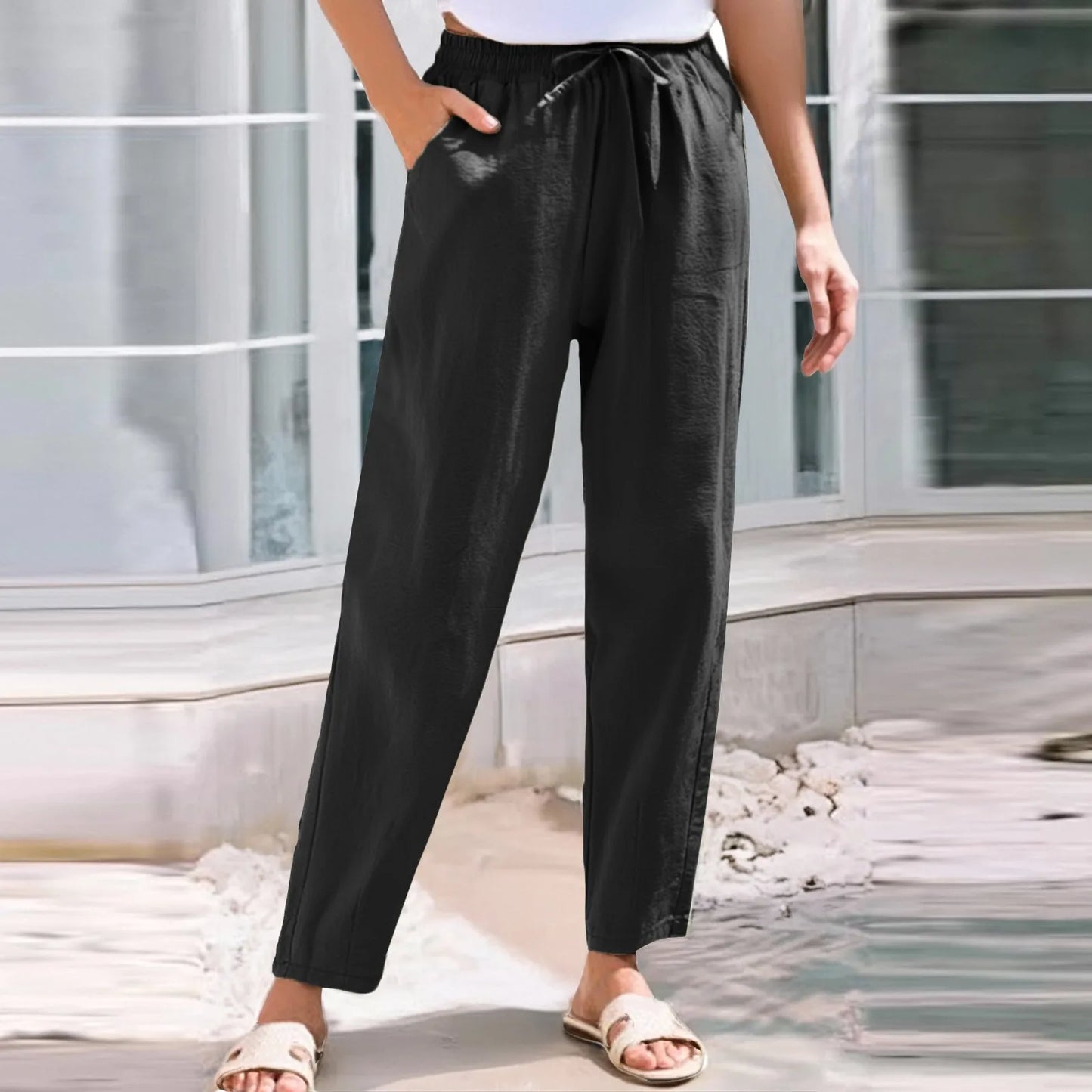 Women Cropped Pants Elastic Waist Straight Pants