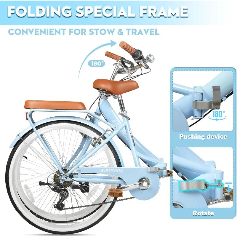 26 Inch Folding Beach Cruiser Bike for Women, 7-Speed Ladies Bike with Basket & Rack, Perfect for City Commuting's Bicycle