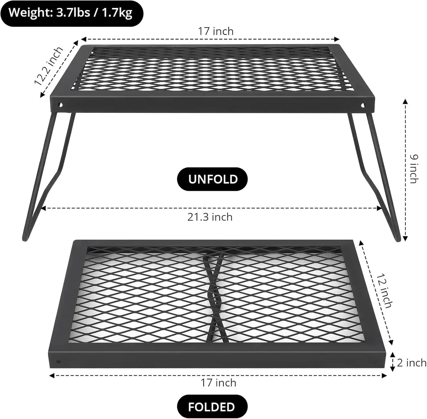 Folding Campfire Grill, Heavy Duty Steel Grate