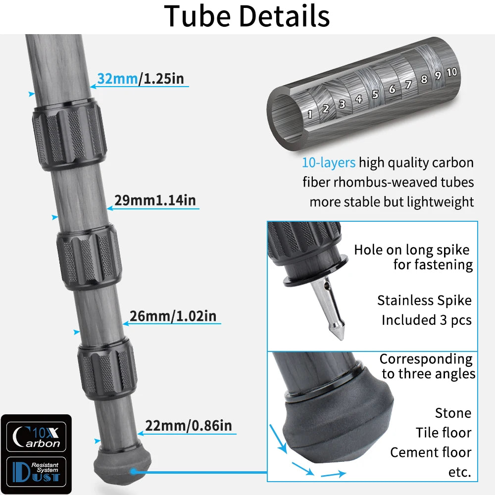 Camouflage Carbon Fiber Tripod, Birdwatching Heavy Duty