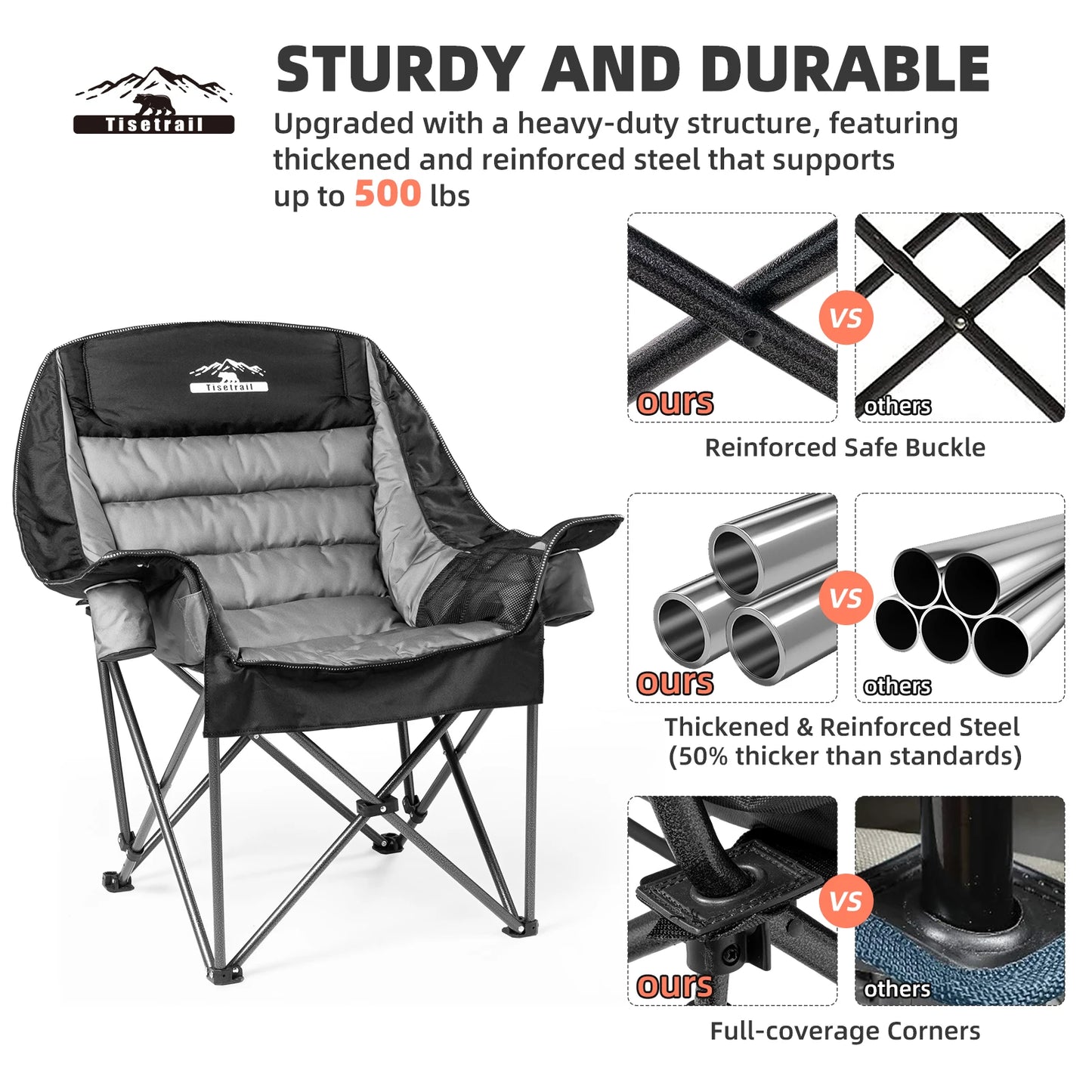 Oversized Padded Camping Chair Extra Large Camp Chairs For Adults With Side Pocket And Cup Holder Black & Gray
