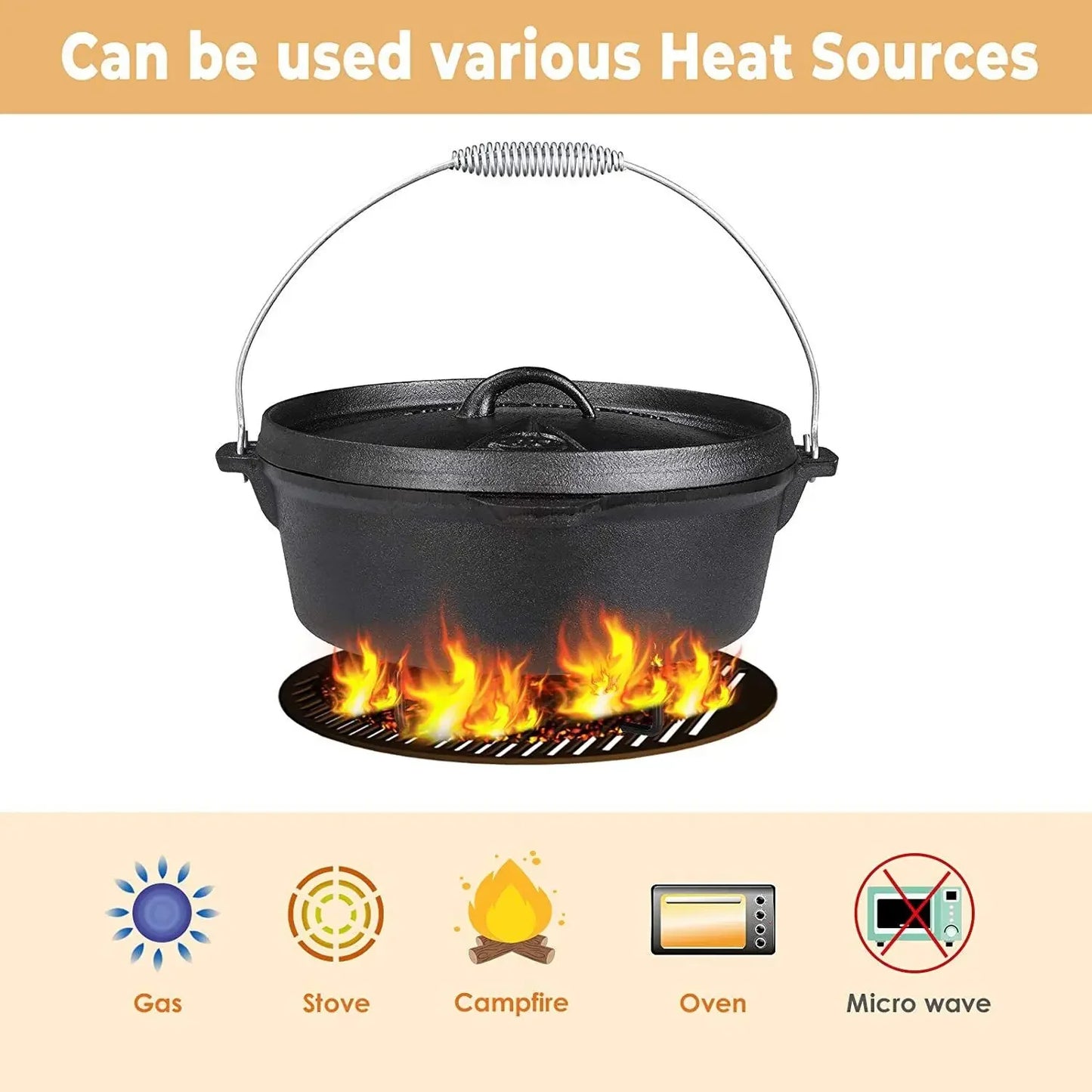 Dutch Oven Cast Iron Camping Cookware Casserole