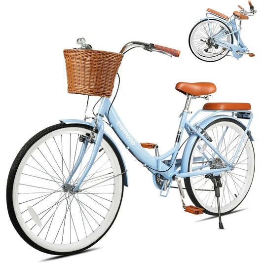 26 Inch Folding Beach Cruiser Bike for Women, 7-Speed Ladies Bike with Basket & Rack, Perfect for City Commuting's Bicycle