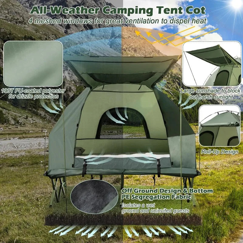 Tent Cot Combo, Awning, Mattress, Sleeping Bag